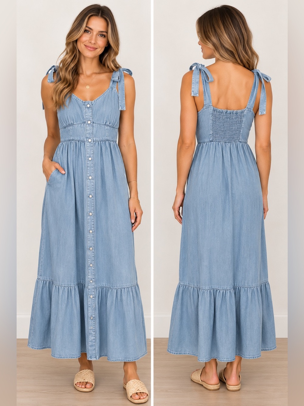Levi's Light Blue Chambray Button-Down Tie-Shoulder Maxi Dress